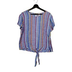 K.I.T Striped Top Womens Large Chambray Multicolor Tie Front Blouse Boho Beachy